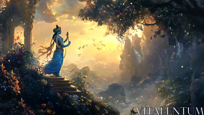 Divine blue musician on temple steps in radiant mythic valley.