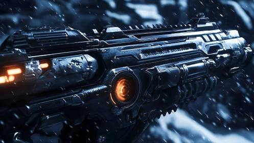 Futuristic plasma rifle glows in stormy sci-fi blizzard.