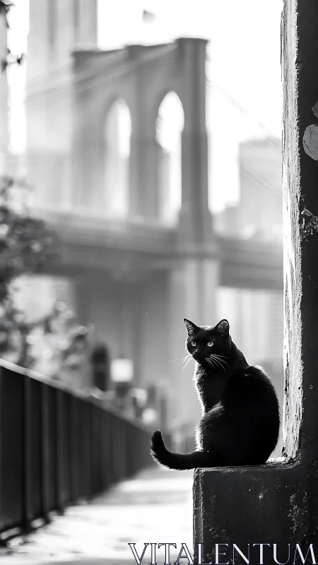 Black Cat Window Vigil: Feline Guardian Against Iconic Bridge Backdrop