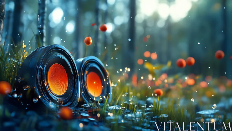 Glowing camera lenses rest in a magical dew-lit forest