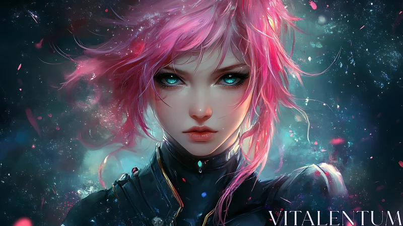 Pink haired female cyborg portrait in cosmic setting.