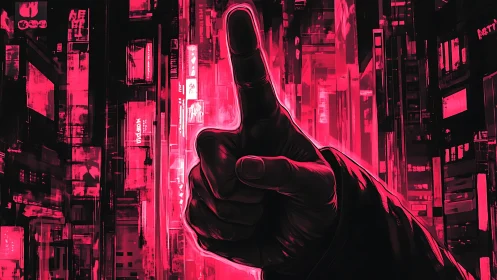 Cyber hand commands neon skyline in stark crimson glow.