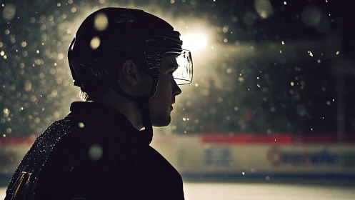 Hockey player profile under arena lights in drifting ice mist