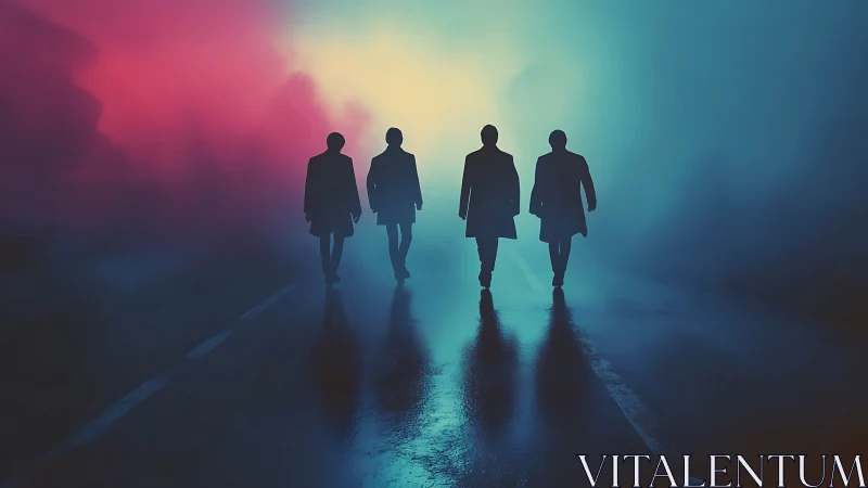 Silhouetted figures walking on wet road in colored fog.