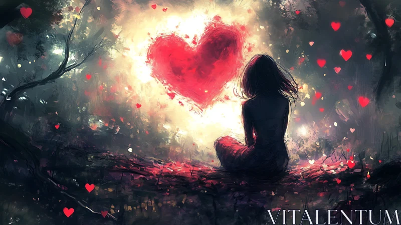 Silhouetted Figure Gazing at Luminous Heart Form in Surreal Landscape