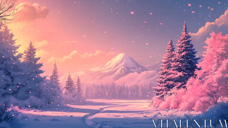 Pink snowlit pines beneath a dreamy pastel mountain sky.