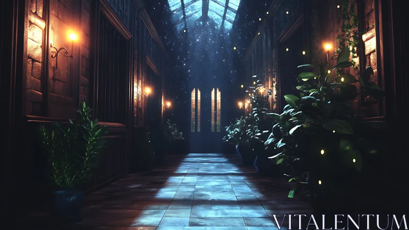 Starlit conservatory corridor where quiet vines keep secrets.