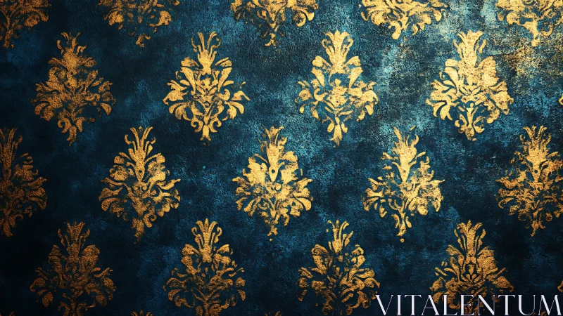 Gold baroque fleur-de-lis damask tiling on textured teal ground