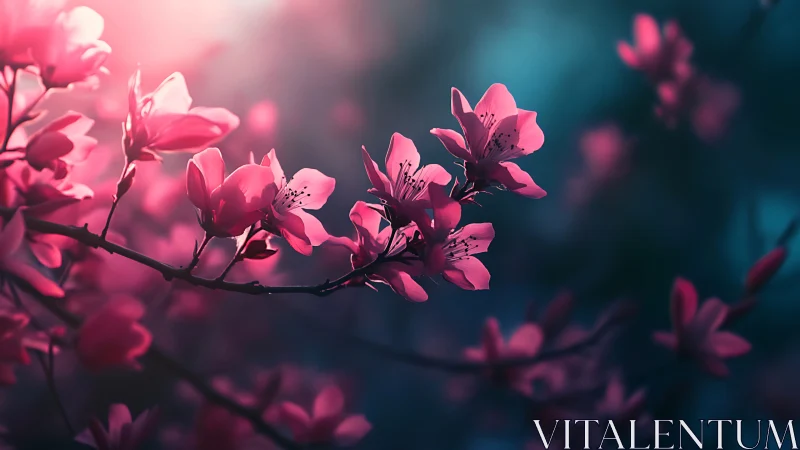 Pink azalea blossoms with shallow depth of field and teal bokeh background
