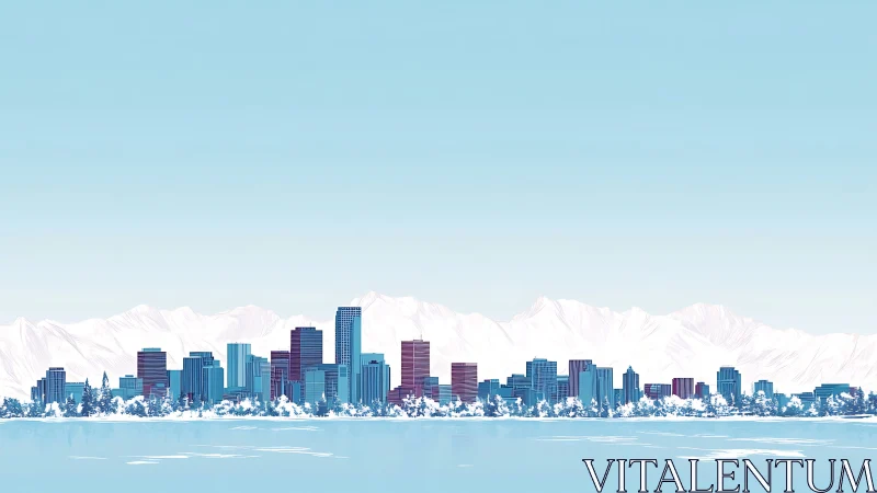 Minimalist winter city skyline with mountains and lake panorama.