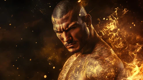 Tattooed warrior rendered in blazing cinematic digital flames