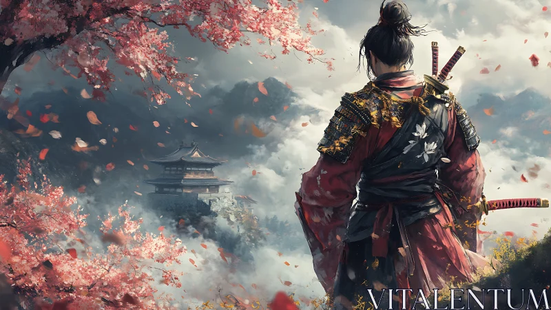 Samurai overlooks mist temple beneath drifting sakura petals.
