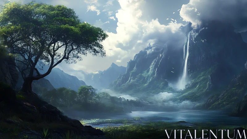 Mountain lake valley with tall waterfall and lone tree.