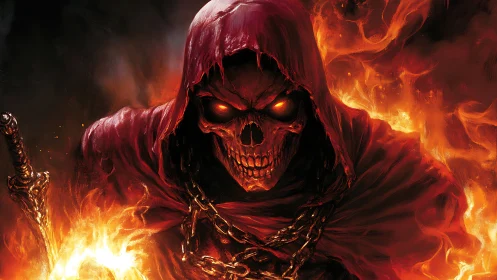 Infernal skeletal warlord in crimson hood amid firestorm.