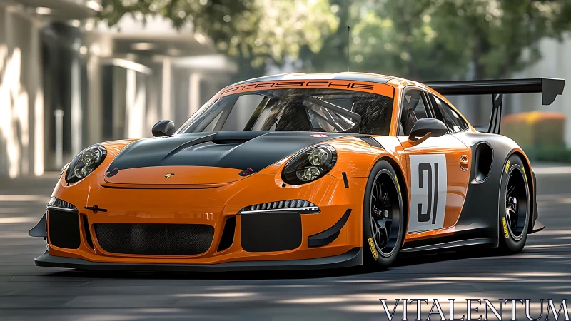 Orange and black Porsche race car on urban street. Period.