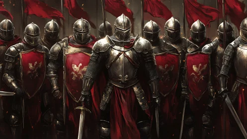 Valiant red-bannered knights standing in unshaken unity.
