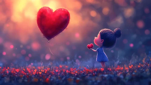Child holding heart balloon in dreamlike landscape.