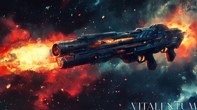 Futuristic plasma rifle streaks through a burning cosmic void