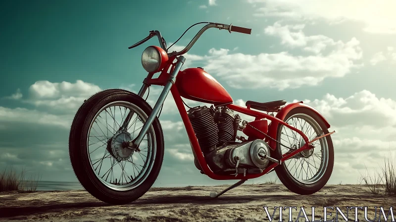 Crimson beachside chopper resting under a dreamy sky.