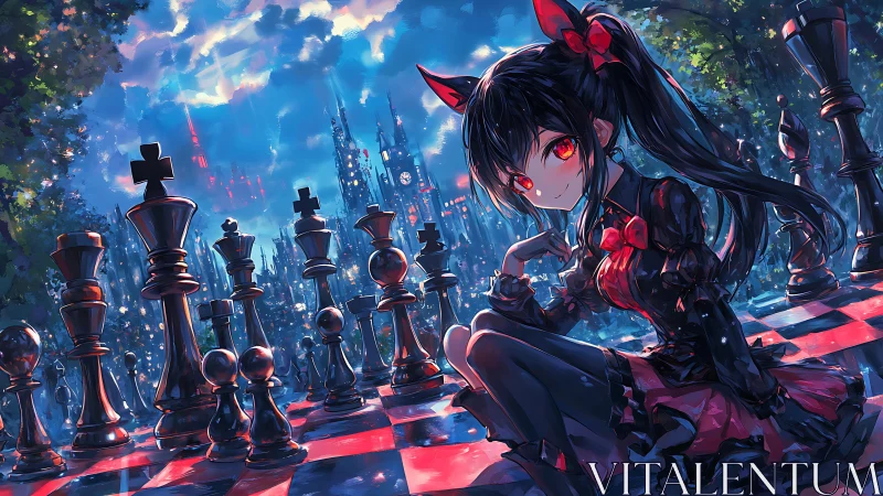 Gothic anime girl commands a glowing chessboard cityscape