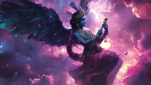Digital painting of celestial blue deity amid neon clouds.