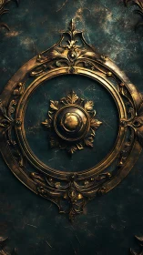 Ornate gilded medallion rests on weathered teal panel.