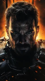 Battle-worn futuristic soldier stares forward in harsh light