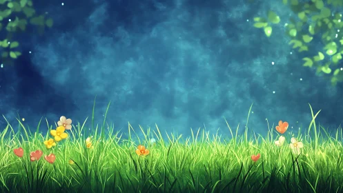 Sunlit meadow with stylized flowers against blue sky.