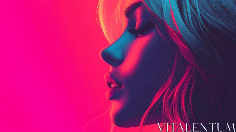 Neon side profile portrait under pink and cyan light glow.