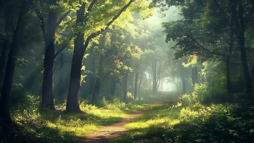 Sunlit Forest Path in Lush Greenery, Dreamy Morning Landscape.