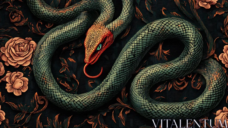Coiled serpent illustration over baroque floral pattern.