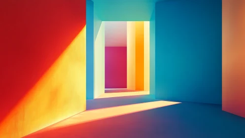 Chromatic architectural corridor with hard-edged light gradients