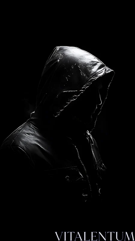 Hooded figure in dramatic low key side-lit portrait study.