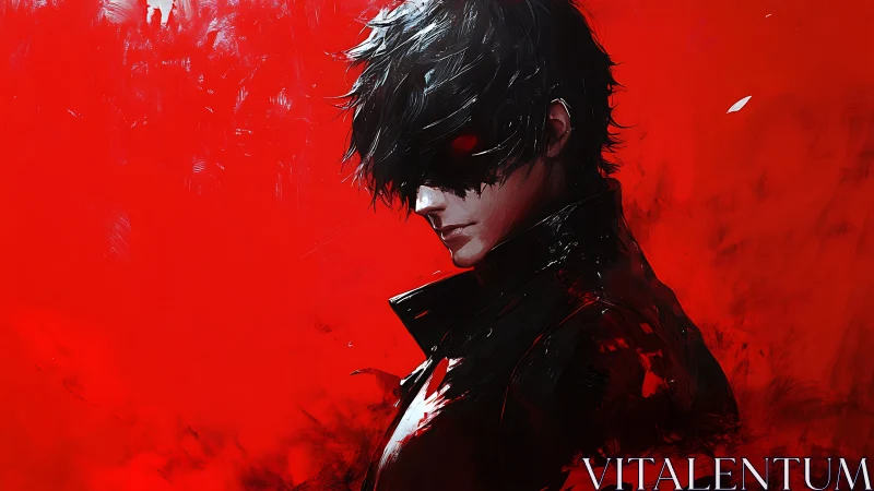 Shadow-eyed rebel simmers against a storm of red paint