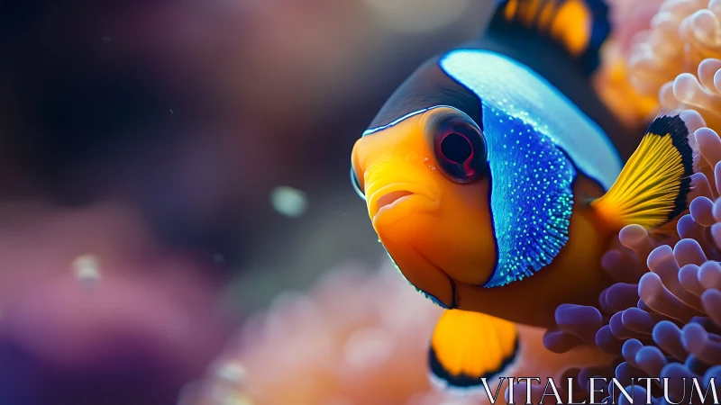 Neon clownfish diplomat gliding through pastel coral crowns.