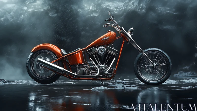 Custom orange chopper rendered in cinematic photoreal style