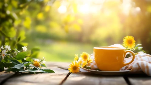 Photorealistic yellow teacup still life on rustic garden table.