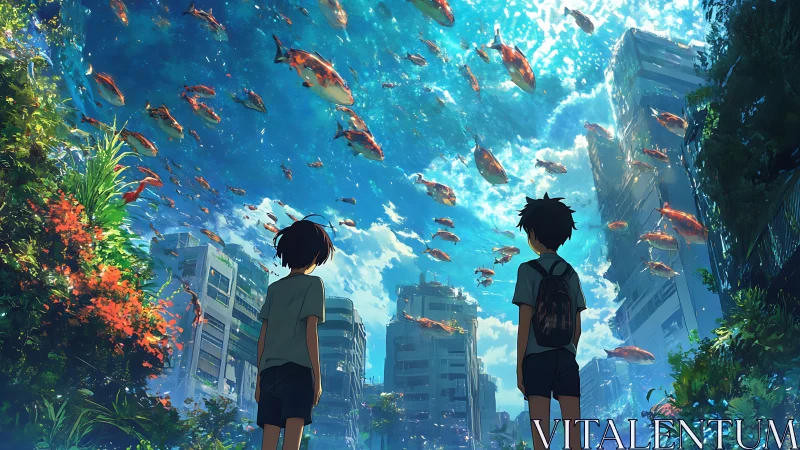 Submerged city canyon with boys observing koi-filled sky