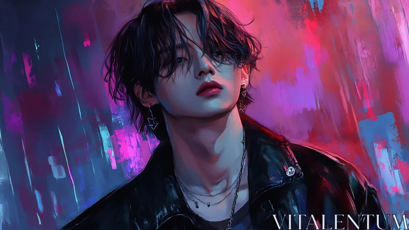 Androgynous cyberpunk portrait under neon city glow.