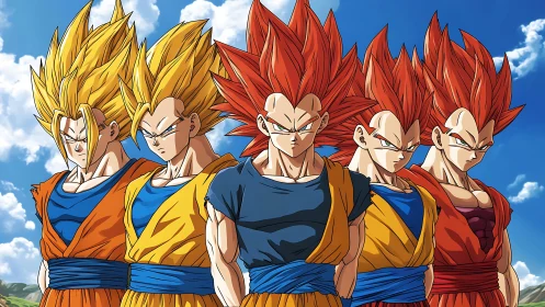 Five powerful anime warriors stand united under blue skies