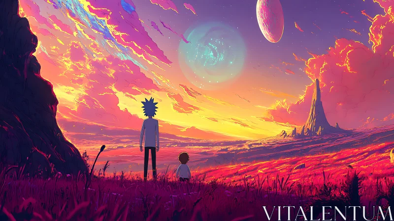 Two figures watch alien sky over vivid red field.