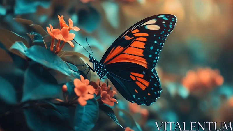 Macro study isolates vibrant butterfly on teal foliage