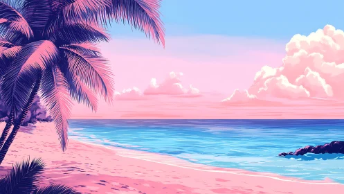 Tropical Beach Sunset with Palm Fronds and Pastel Sky