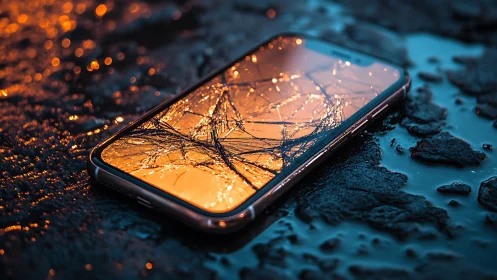 Shattered phone glow on wet pavement at blue hour dusk.