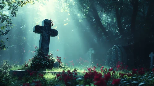Gravestones breathe in blue dawn as scarlet flowers listen
