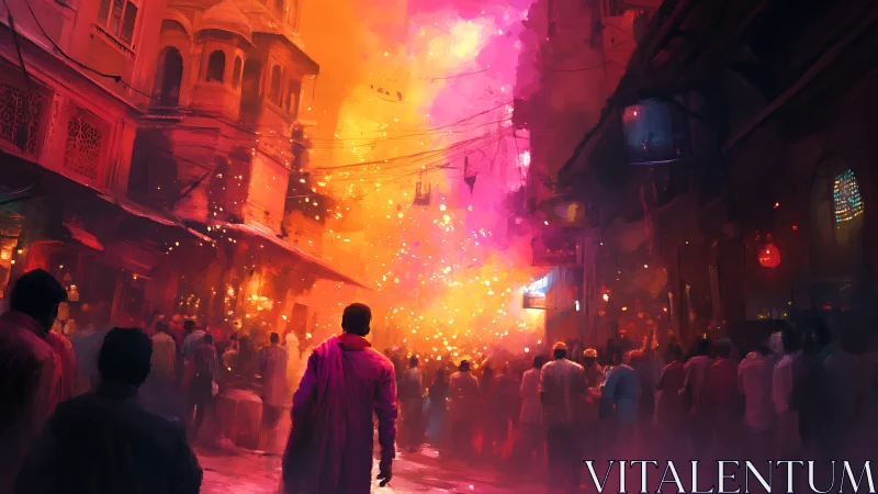 Crowded alleyway dissolves into luminous festival smoke and sparks