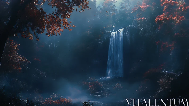 Vertical Cascade Through Misty Autumn Forest Canyon with Volumetric Lighting