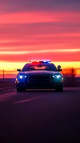 Highway patrol silhouette under blazing neon sunset sky.