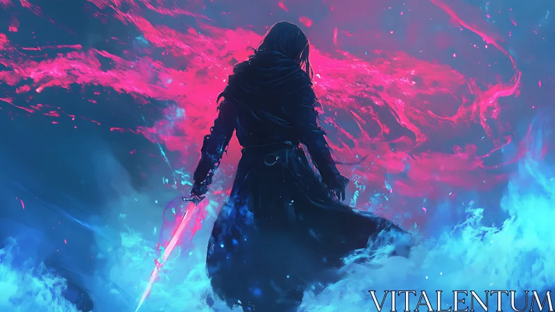 Hooded figure with energy blade in abstract blue red mist.