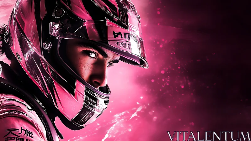 Fierce race driver gazes ahead in glowing pink helmet art